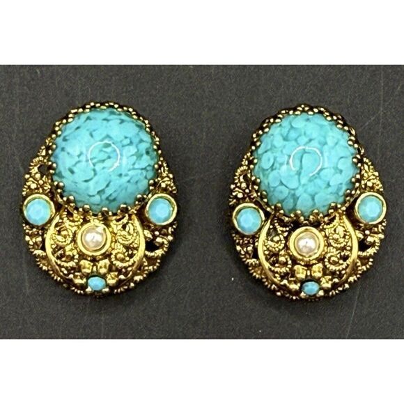 West Germany Vintage Faux Turquoise Pearl Filigree Gold Tone Clip On Earrings - Picture 1 of 5
